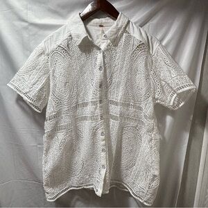 Free People White Lace Button Down Shirt